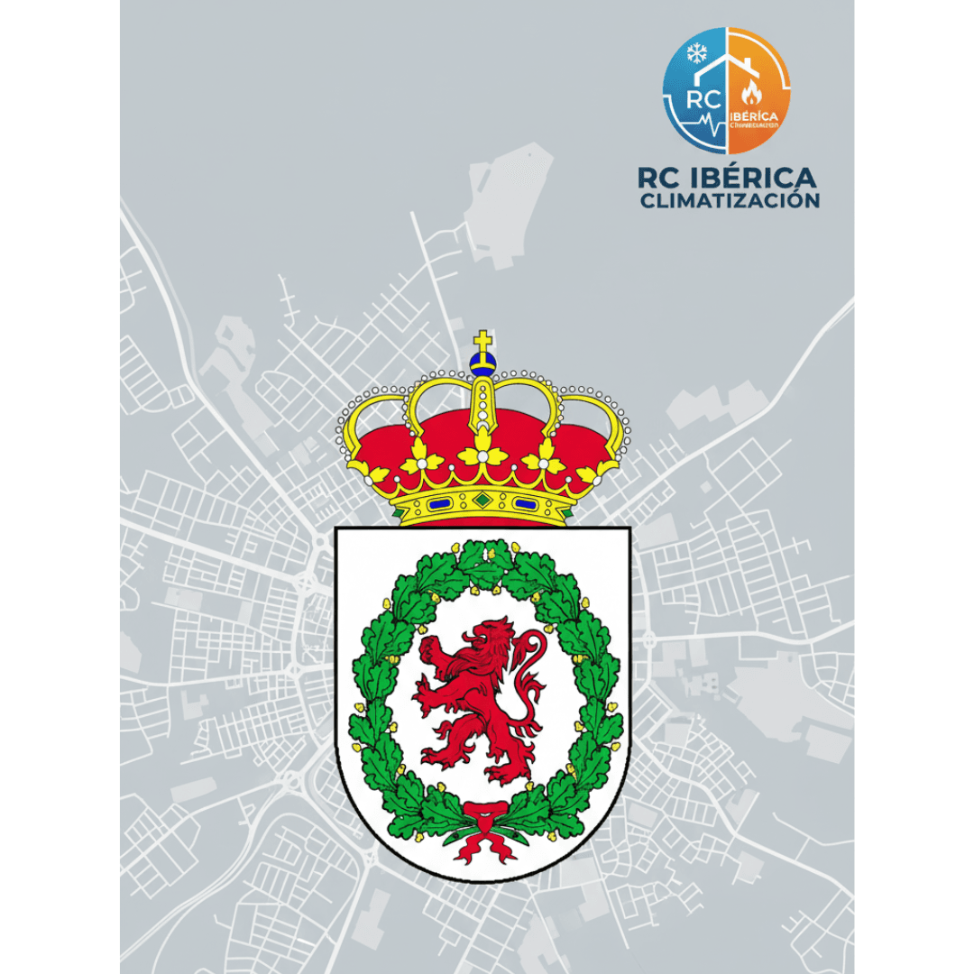 Escudo de Coslada en primer plano sobre un mapa de la localidad con el logo de RC Ibérica Climatización, representando reparación e instalación de calderas y aire acondicionado en Coslada, Madrid.