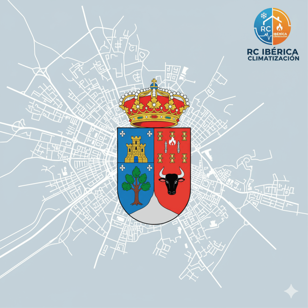 Escudo oficial de Alcobendas sobreimpreso en el mapa de la ciudad, con el logo de RC Ibérica Climatización, indicando servicios de reparación e instalación de calderas y aire acondicionado en Alcobendas.