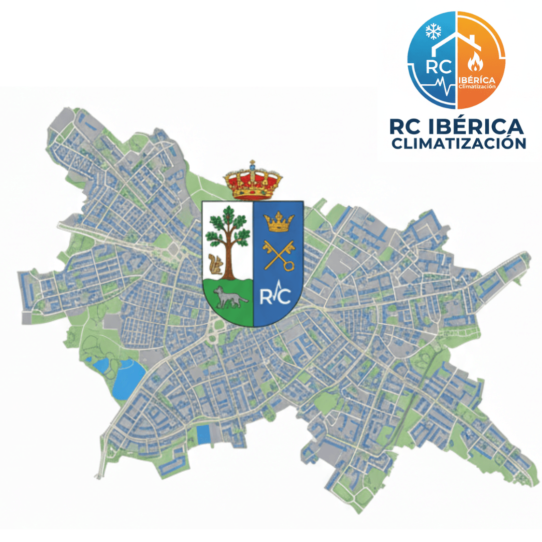 Escudo oficial de San Sebastián de los Reyes (Sanse) sobre el mapa de la ciudad, con el logo de RC Ibérica Climatización, indicando servicios de reparación e instalación de calderas y aire acondicionado.