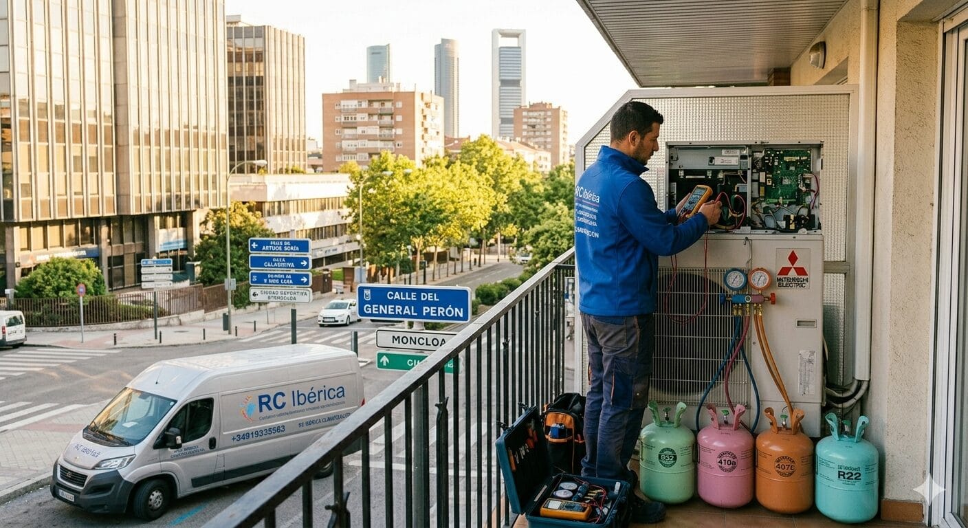 Técnico de RC Ibérica Climatización realizando la reparación e instalación de un equipo de aire acondicionado en una terraza de Madrid, con furgoneta rotulada de la empresa y botellas de gas refrigerante R32, 410a, 407c y R22.
