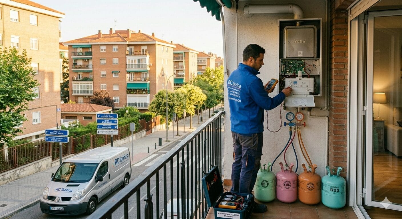 Técnico especialista reparando caldera mural de gas en un piso de Madrid