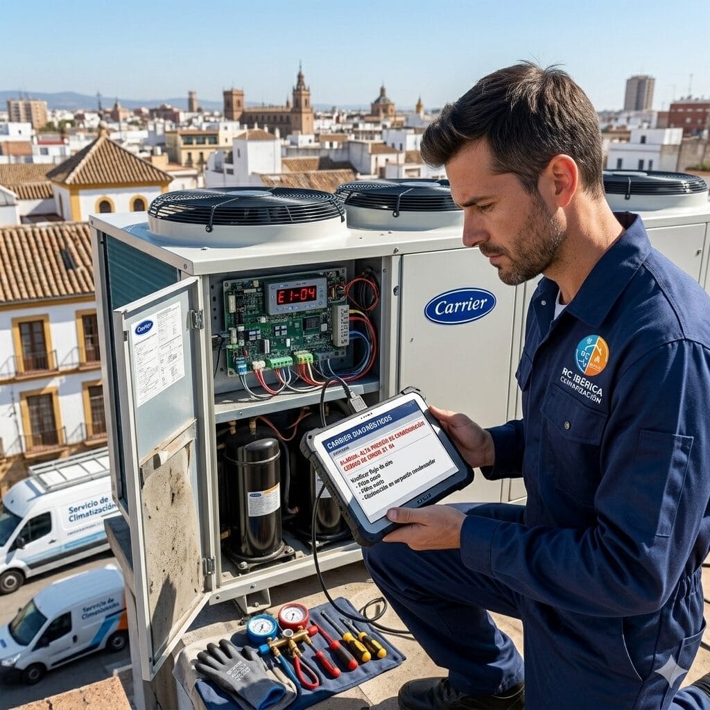 Técnico de RC Ibérica analizando los codigos de error aire acondicionado carrier en un equipo central