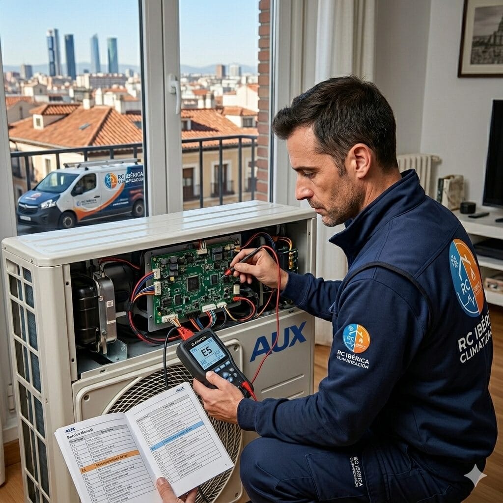 Técnico de RC Ibérica diagnosticando los codigos de error aire acondicionado aux