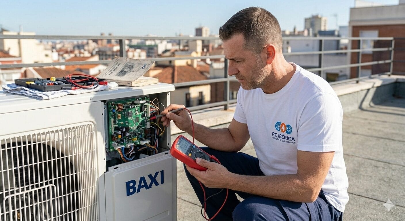 Técnico de RC Ibérica analizando los codigos de error baxi quilak en un split inverter