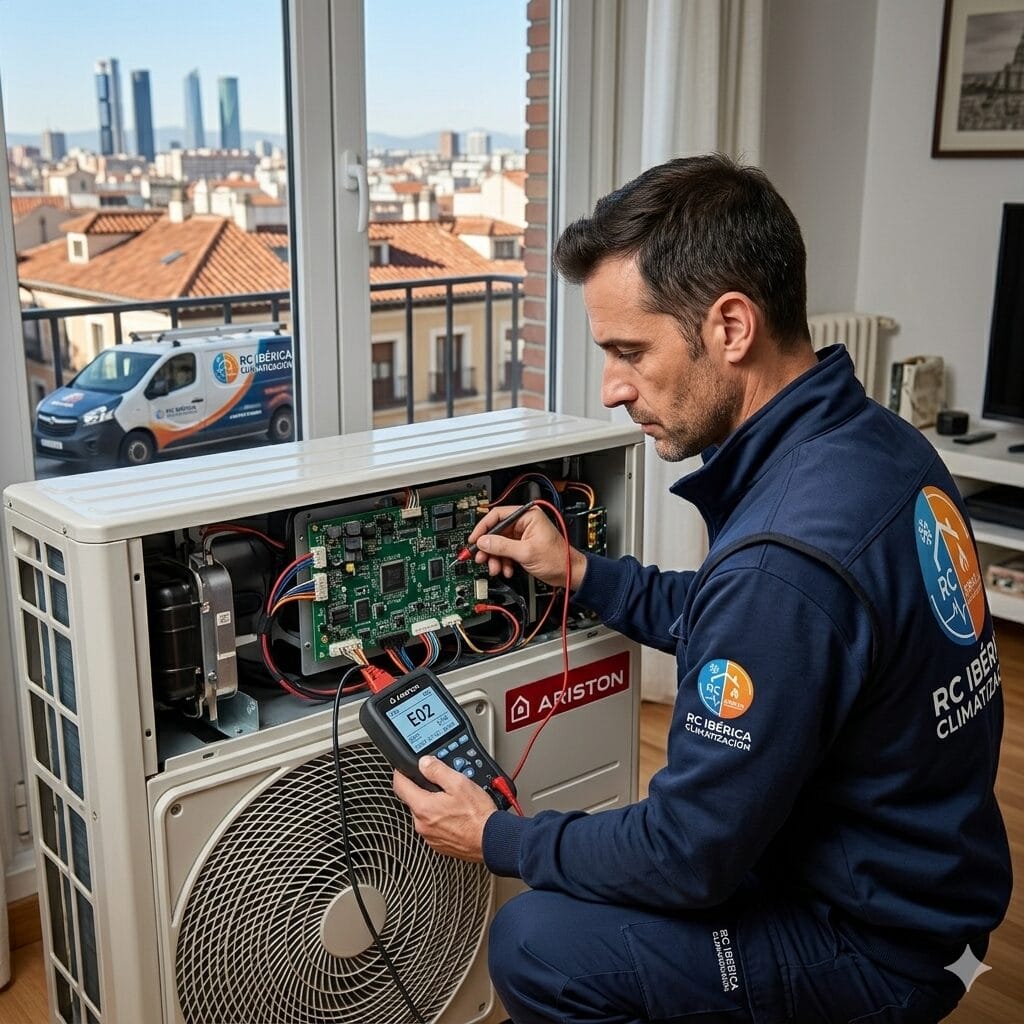 Técnico de RC Ibérica Climatización diagnosticando un código de error en la placa electrónica de un aire acondicionado Ariston en Madrid.