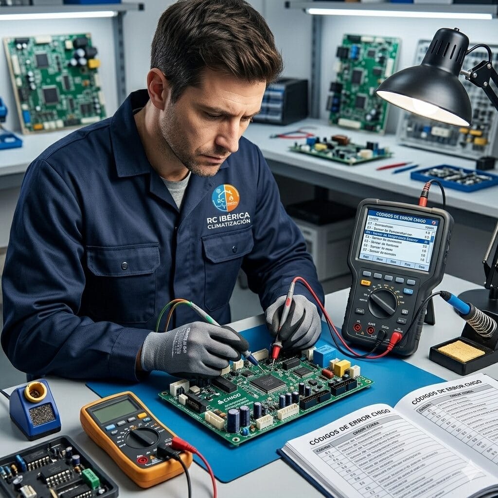 Técnico especializado revisando los codigos de error aire acondicionado chigo en una placa electrónica
