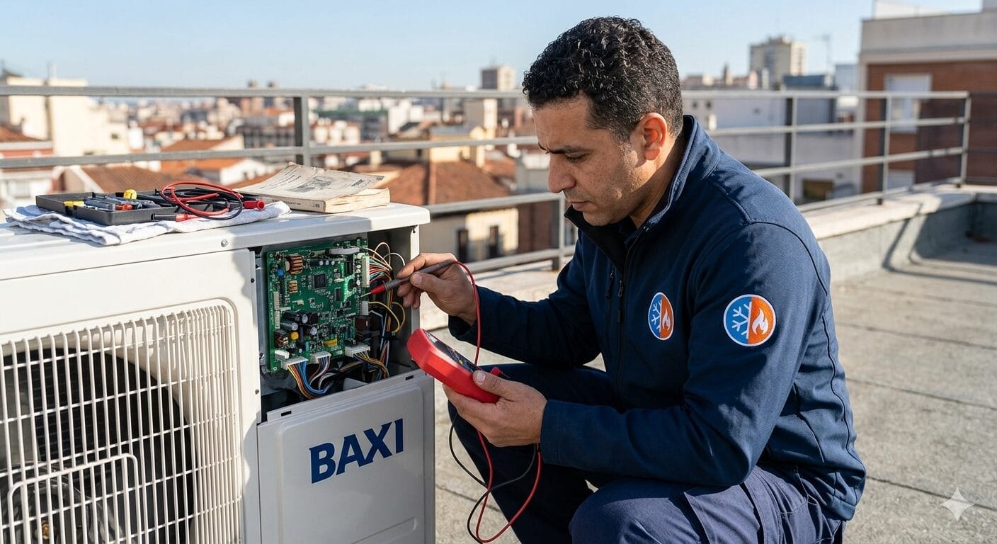 Técnico de RC Ibérica diagnosticando los codigos de error baxi anori en la placa de la unidad exterior