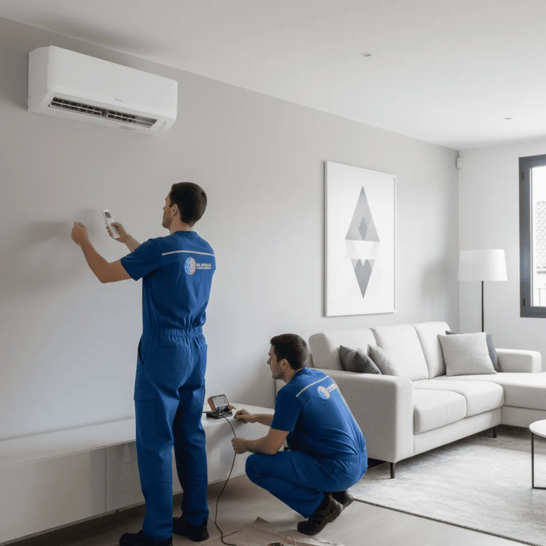 Técnicos de RC Ibérica instalando un split de aire acondicionado en un salón de Madrid
