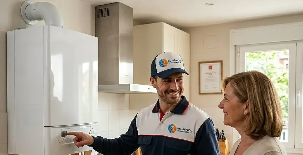 Técnico de RC Ibérica mostrando a una clienta el mantenimiento de su caldera en una cocina de Madrid